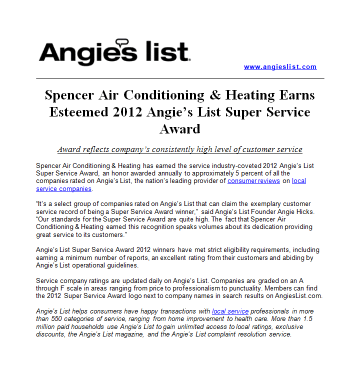 Angie's list spencer ac and heating earns esteemed 2012 Angie's list super service award