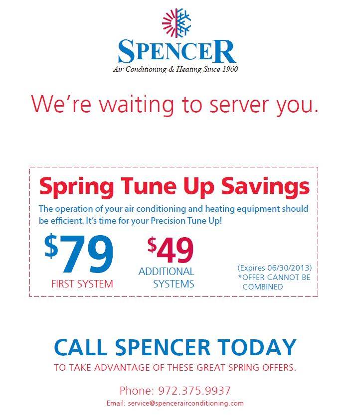 spencer coupon spring tune-up savings $79 for first system, and $49 additional system